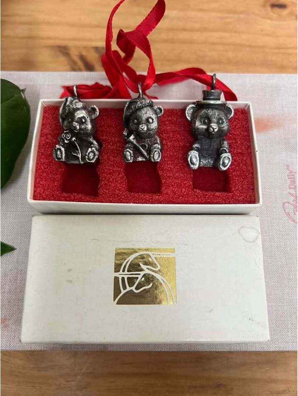 3 Vintage Pewter Teddy Bear Ornaments with box